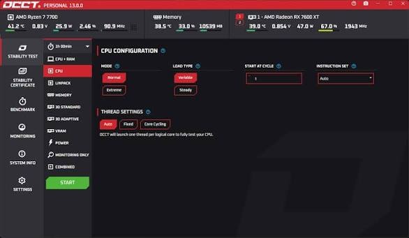 OCCT monitoramento de hardware